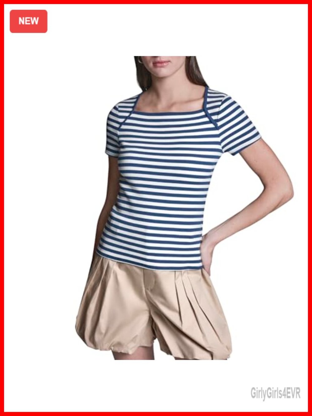 Knit Rib Stripe Short Sleeve Boat Neck Tulip Sleeve Pullover Top